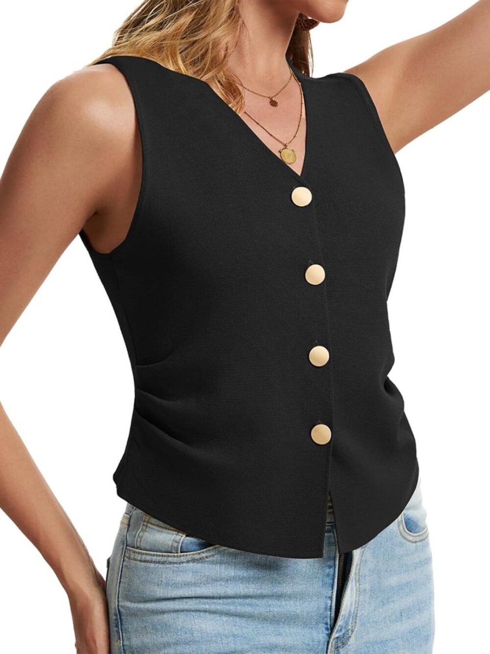 Women's Black Sleeveless Button Up Knit Imported Casual Sweater Vest Tank Tops - Picture 5 of 5